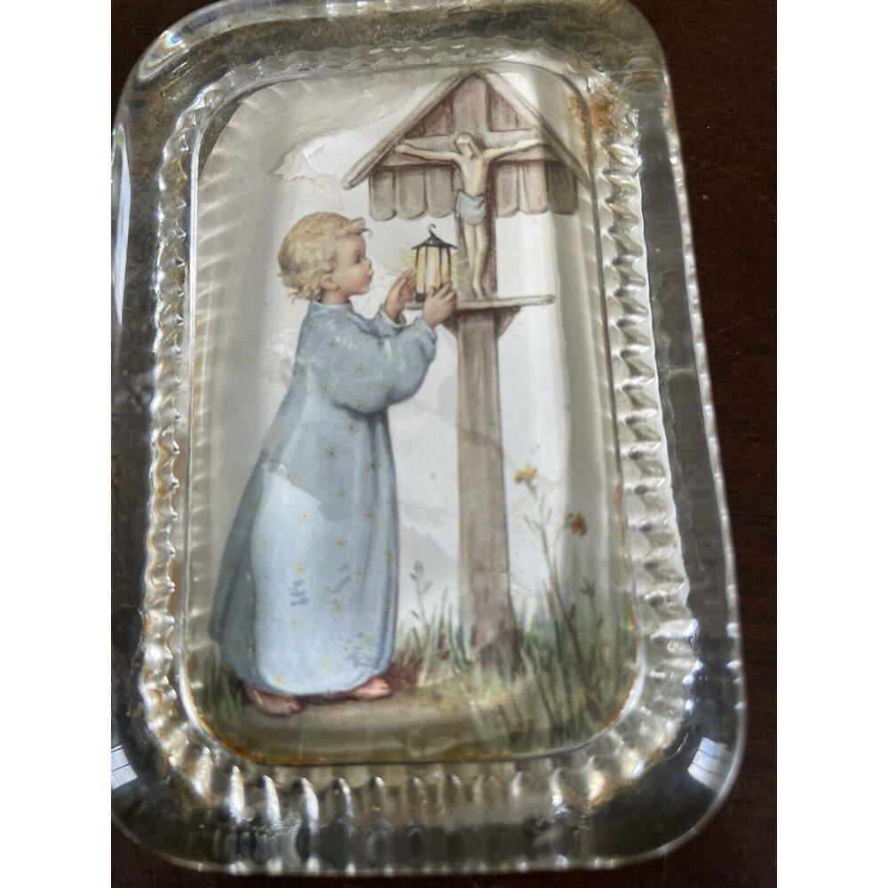 vintage handmade glass paper weight little girl cross jesus lantern